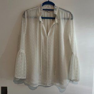 White Ann Taylor LOFT Business Blouse with Polka-Dot Detail